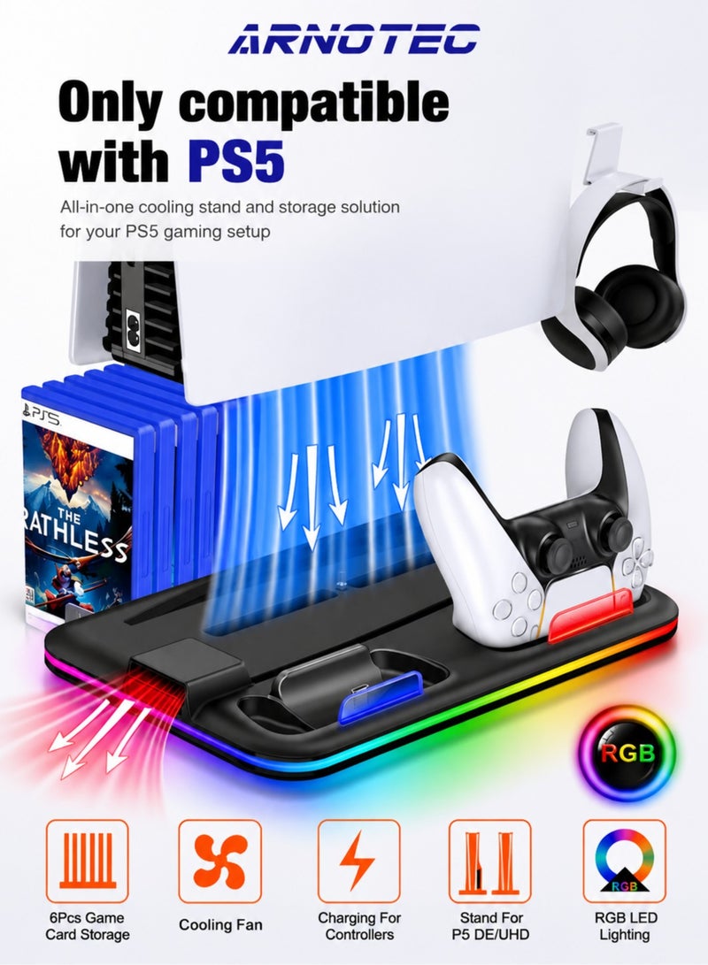 ARNOTEC PS5 Controller Charging Dock with Cooling Fan, RGB LED Vertical Stand for PlayStation 5, DualSense Charger, Console Support Base & Game Organizer – STK-DZ501 - Image 2