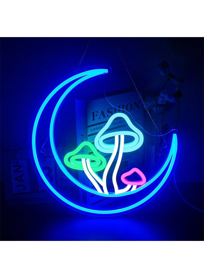 Peachjoy Moon Mushroom Neon Sign Blue Moon Neon Lights for Wall Decor Mushroom Light Up Signs USB LED Signs for Girls room Living Room Kids Room Home Bar Party Shop  - Image 1