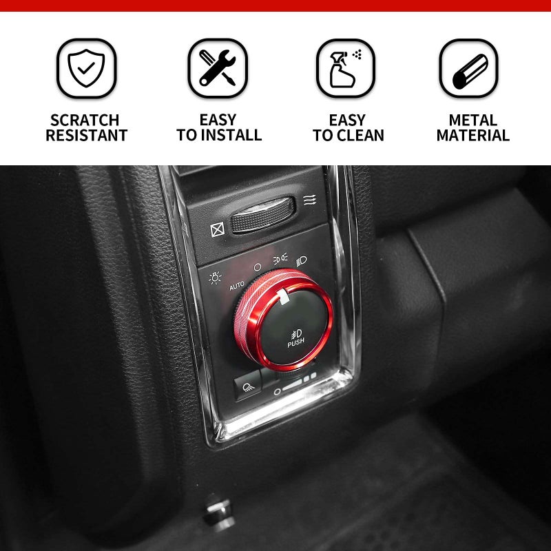 Hoolcar Air Conditioner Headlight Switch Knob Cover Aluminum Alloy Center Console Switch Knob Cover Compatible with 2013-2017 Dodge Ram, Interior Accessories, Red, 5PCs - Image 3