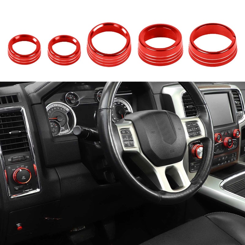 Hoolcar Air Conditioner Headlight Switch Knob Cover Aluminum Alloy Center Console Switch Knob Cover Compatible with 2013-2017 Dodge Ram, Interior Accessories, Red, 5PCs - Image 1