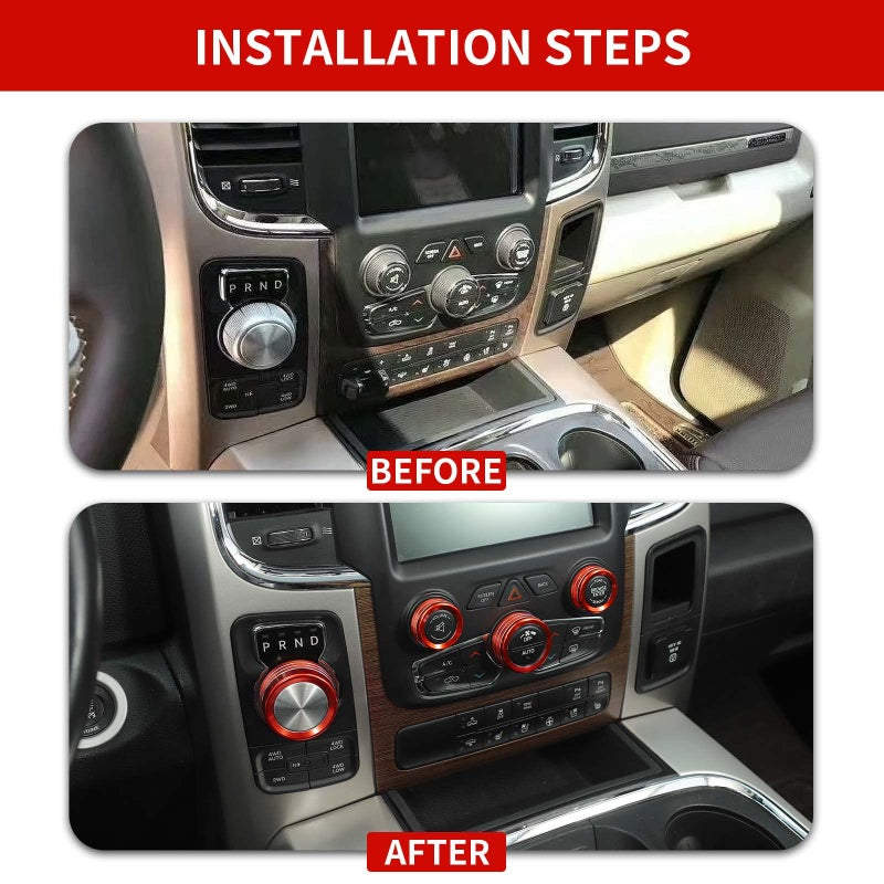 Hoolcar Air Conditioner Headlight Switch Knob Cover Aluminum Alloy Center Console Switch Knob Cover Compatible with 2013-2017 Dodge Ram, Interior Accessories, Red, 5PCs - Image 2