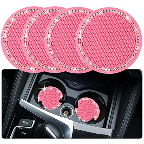 Tyhaui 4PCS Bling Coaster 275 Inch Auto Car Cup Holder Insert Coasters Silicone AntiSlip Crystal Rhinestone Drink Mat Universal Vehicle Interior Accessories for Women Girls Pink - Image 1