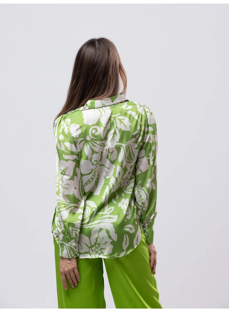 Fashonara  Green & White Collared Silk Shirt for Women | Best Price UAE