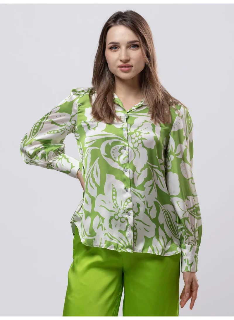 Fashonara  Green & White Collared Silk Shirt for Women | Best Price UAE