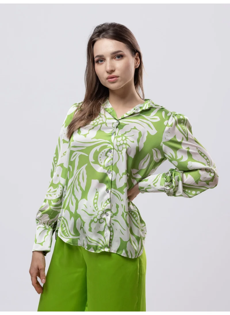Fashonara  Green & White Collared Silk Shirt for Women | Best Price UAE