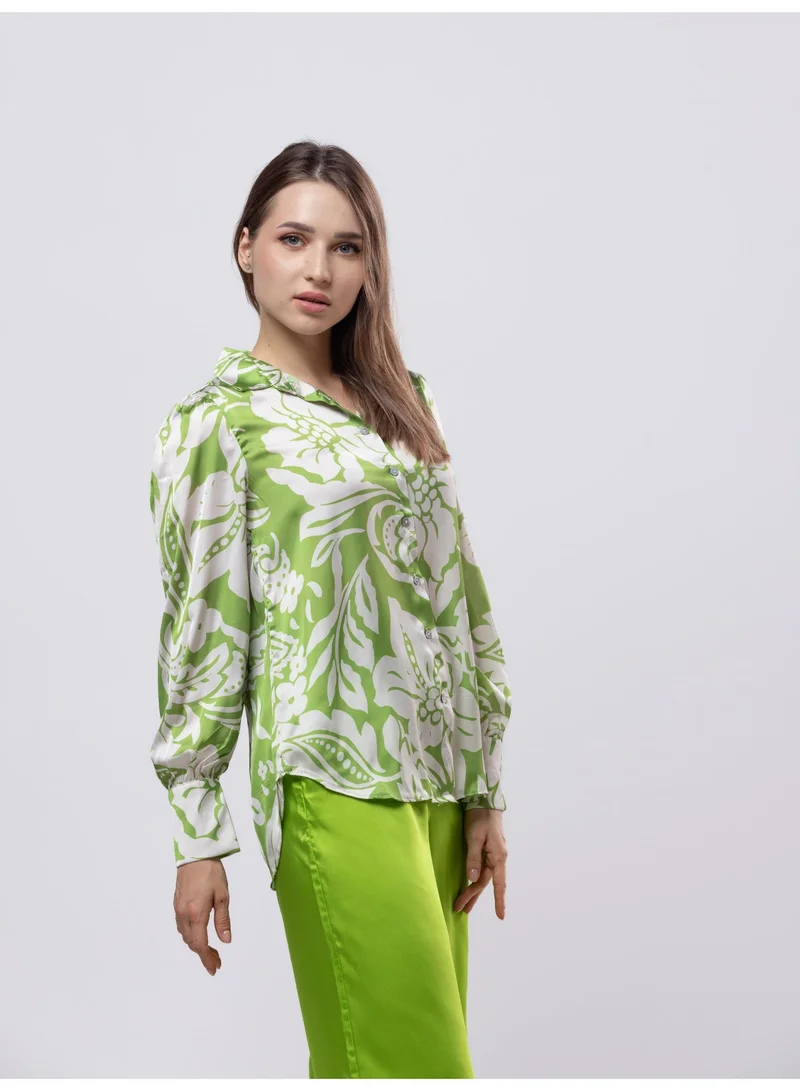 Fashonara Green &amp; White Collared Silk Shirt