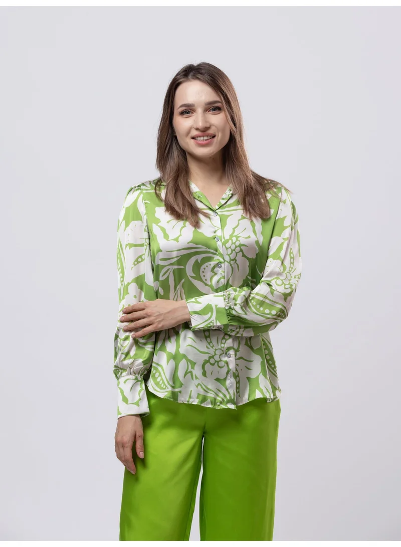 Fashonara Green &amp; White Collared Silk Shirt