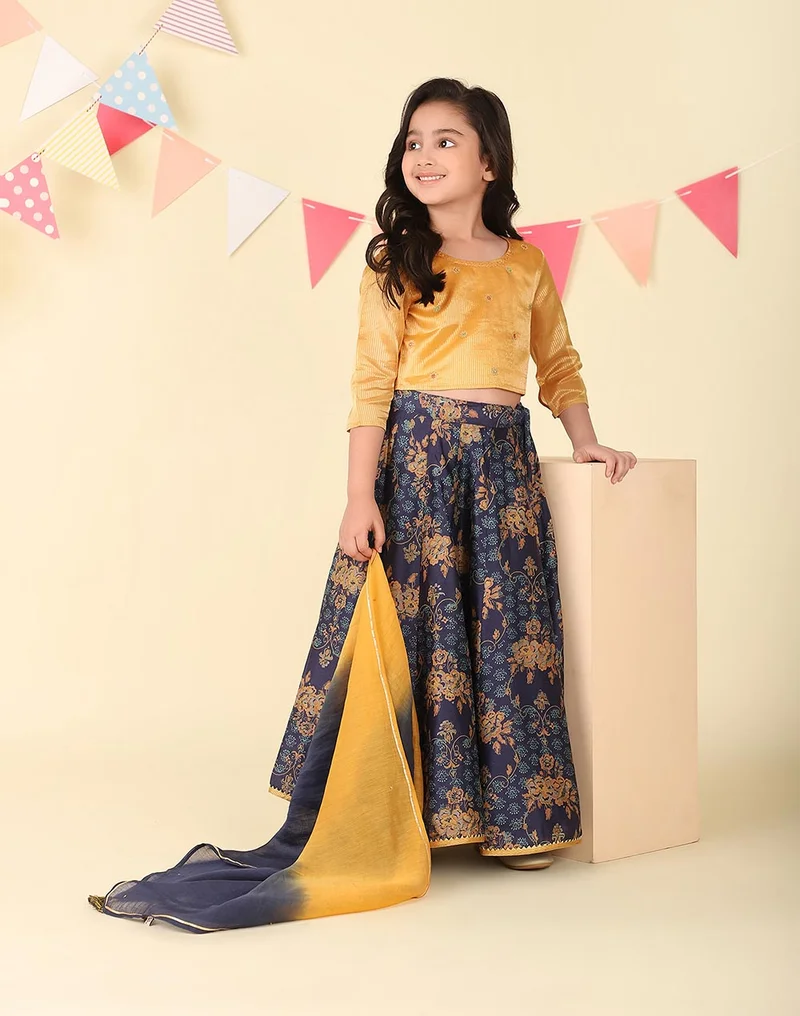 Fabindia Navy Cotton Silk Hand Block Printed 3Pc Lehenga Set