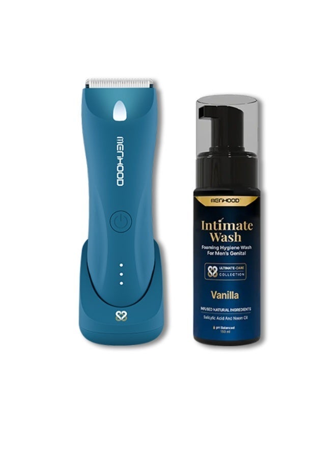MENHOOD Waterproof Cordless Grooming Trimmer 1.0 Pro Blue & Intimate Wash for Men 150ML | Complete Male Grooming Kit | Full Body & Beard Trimmer with 150 Min Runtime | Rechargeable Electric Groomer & Shaver | Tea Tree & Neem Oil Foaming Wash | Anti-Fungal, pH Balanced, Skin Brightening & Long-Lasting Freshness(Vanilla) - Image 1