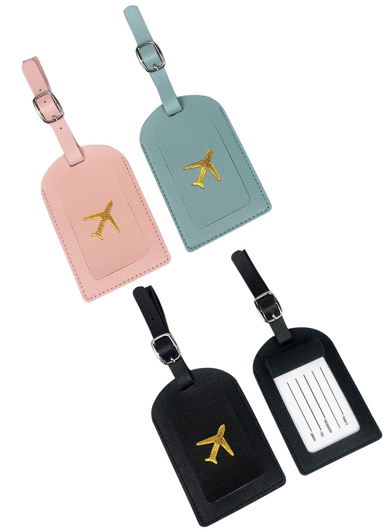 3pcs PU Leather Luggage Tags, Baggage Address Tags with Adjustable Strap & Privacy Protection Cover, Suitcase Tags Travel Luggage Tags for Couple Suitcases Travelling ( Pink,Cyan,Black) - Image 1