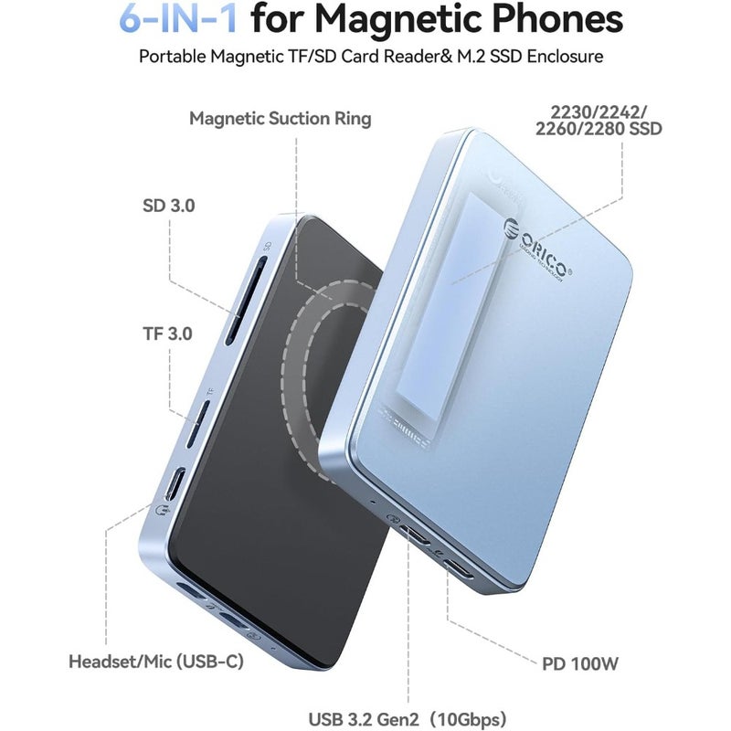 Magnetic M.2 NVMe SSD Enclosure USB 3.2 Gen 2 10 Gbps PD 100 W TF SD Card Reader MagSafe Dock for iPhone 17 16 15 Pro Max Plus 2230 2242 2260 2280 B+M Key Home Office Travel Black AP80F - Image 2