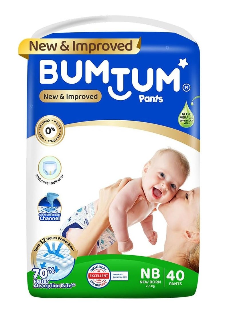 Bumtum Bumtum Baby Diaper Pants, Newborn (Size 1), 2-5 kg, Double Layer Leakage Protection Infused With Aloe Vera, Cottony Soft High Absorb Technology, 40 Diaper 