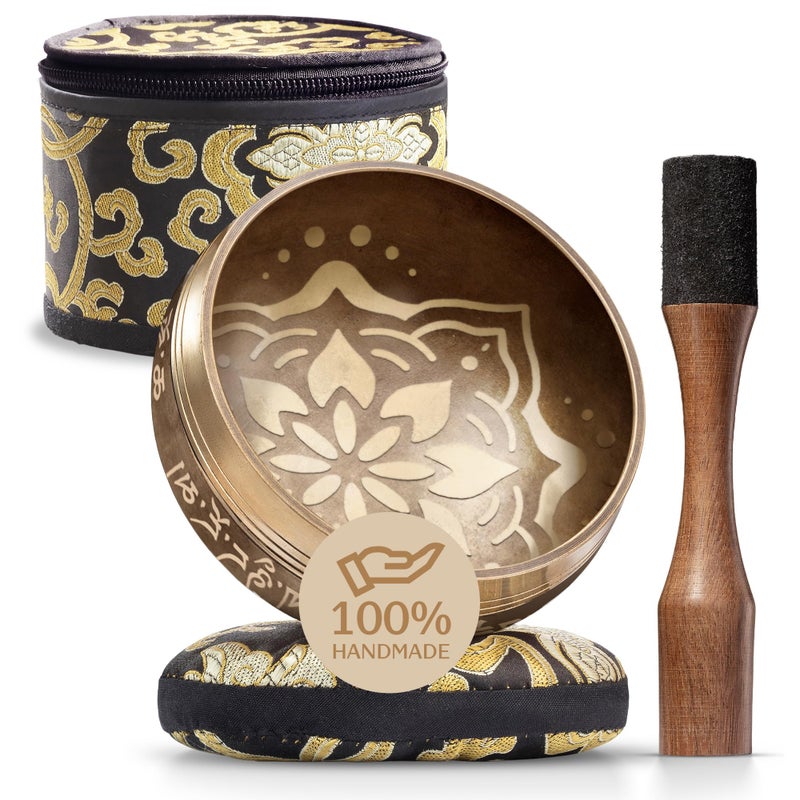 Handmade Tibetan Etched Singing Bowl Set with Case Meditation Bowl Sound Bowl with Cushion Mallet Guide Handmade Himalayan Bowls Bronze Singing Bowls Spiritual Healing Products