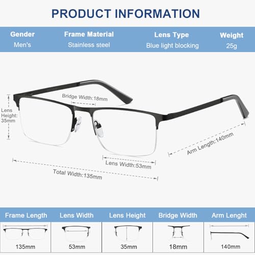 EYECEDAR 5 Pack Quality Reading Glasses Men Metal Half Frame Spring Hinges Blue Light Blocking Computer Eyeglasses Readers for Men 2.5 - Image 3