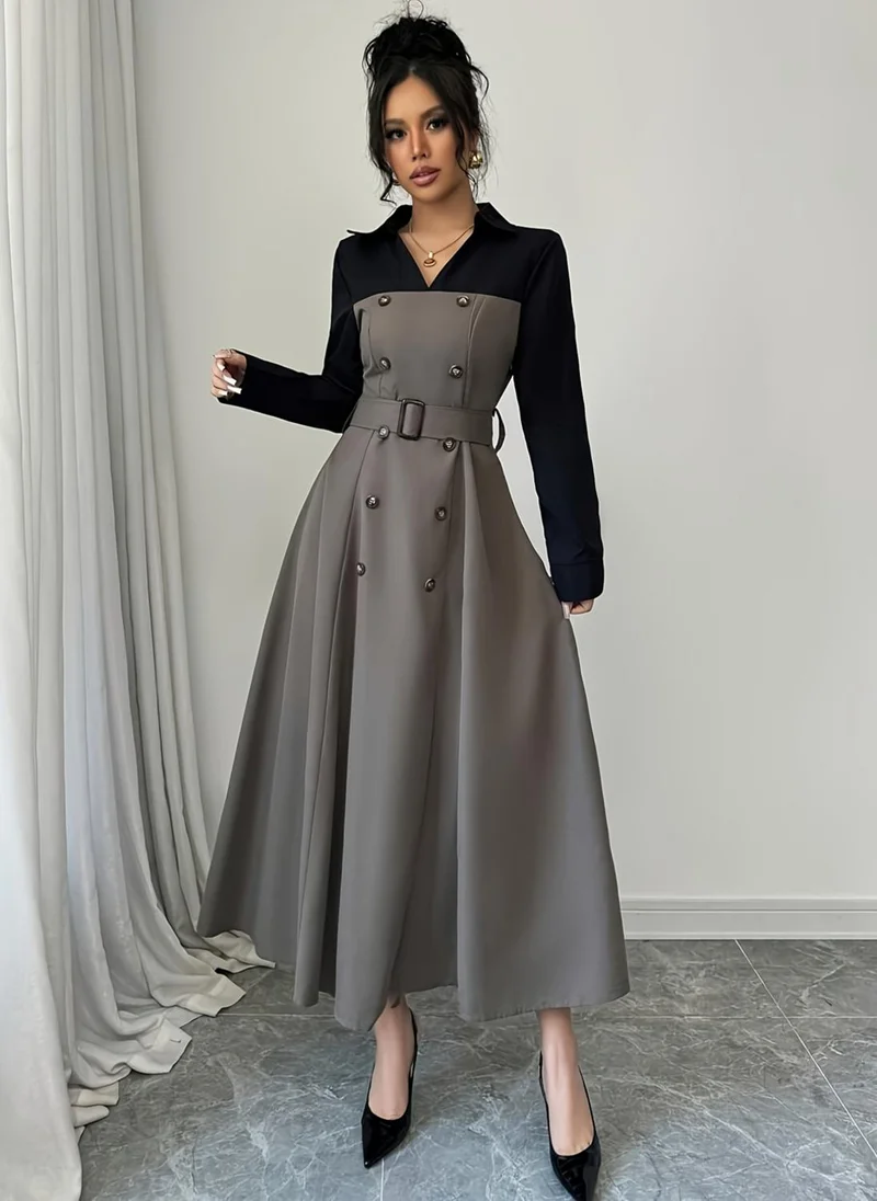 Take Two Grey Color Block Collared Maxi Dress