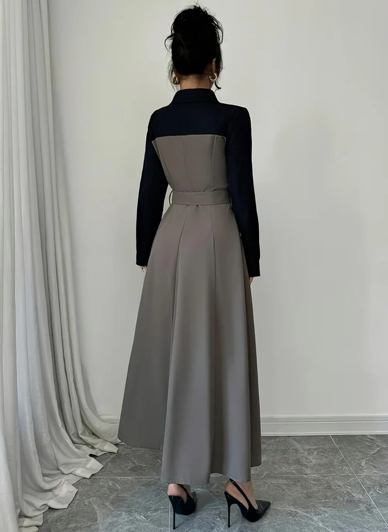 Take Two Grey Color Block Collared Maxi Dress