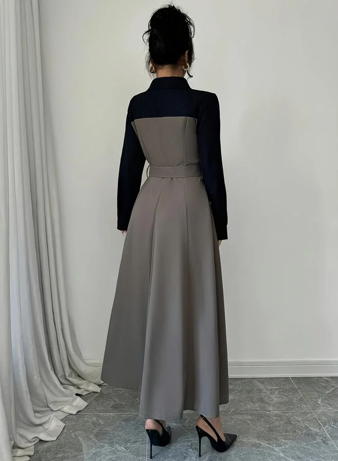 Take Two Grey Color Block Collared Maxi Dress