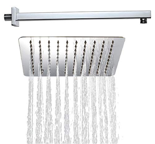 MLD MLD ultra slim square rain shower Stainless Steel 8 inch 20 cm for bathroom With 15 inch long steel shower arm Silver, Chrome Finish - Image 1