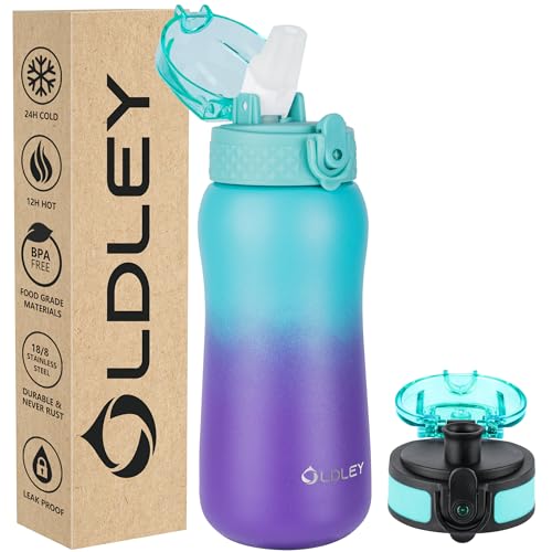 Oldley Insulated Water Bottles 12oz Kids Water Bottle with Straw Stainless Steel Water Bottle with 2 Lids Double Wall Vacuum Bottle LeakProof Sports Bottles for School Travel Green Purple