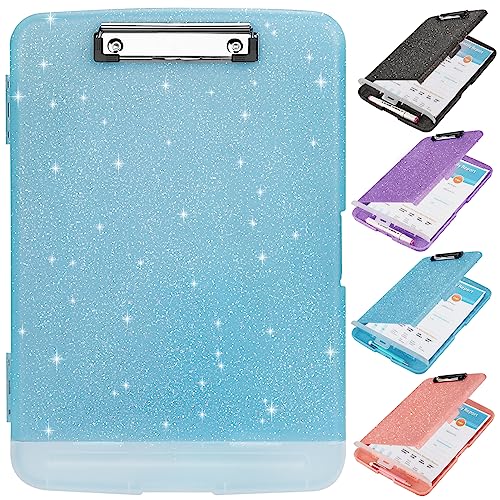SFLHHDM Glitter Clipboard with Storage,Storage Clipboard with Pen Holder,A4 Binder Clip Boards 8.5x11 with Low Profile Clip,Side Opening Sparkle Clipboards, Clipboards Folder for Office Supplies-Aqua Blue - Image 1