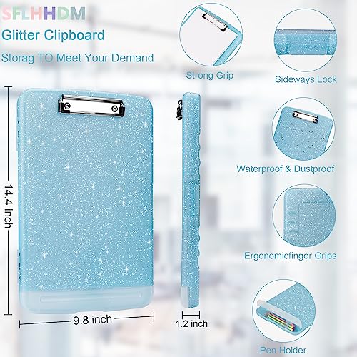 SFLHHDM Glitter Clipboard with Storage,Storage Clipboard with Pen Holder,A4 Binder Clip Boards 8.5x11 with Low Profile Clip,Side Opening Sparkle Clipboards, Clipboards Folder for Office Supplies-Aqua Blue - Image 2