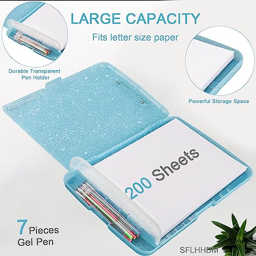 SFLHHDM Glitter Clipboard with Storage,Storage Clipboard with Pen Holder,A4 Binder Clip Boards 8.5x11 with Low Profile Clip,Side Opening Sparkle Clipboards, Clipboards Folder for Office Supplies-Aqua Blue - Image 3