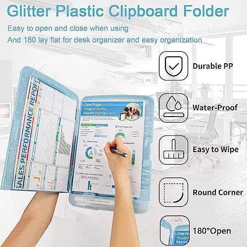 SFLHHDM Glitter Clipboard with Storage,Storage Clipboard with Pen Holder,A4 Binder Clip Boards 8.5x11 with Low Profile Clip,Side Opening Sparkle Clipboards, Clipboards Folder for Office Supplies-Aqua Blue - Image 5