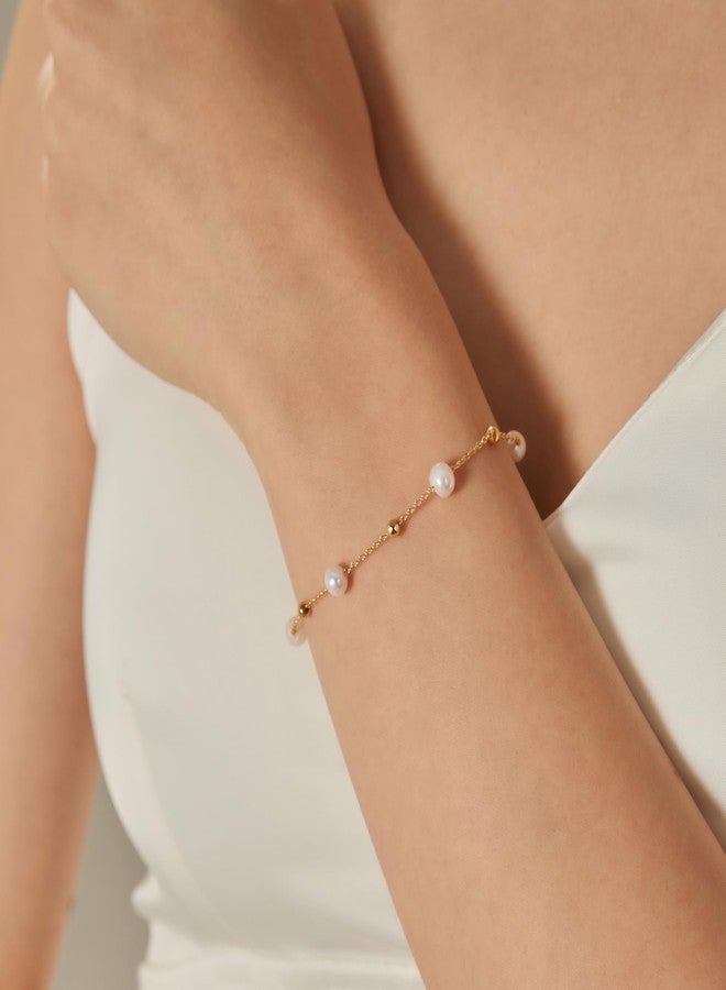 HENGSHENG Pearls Bracelets for Women 18K Gold Plated Freshwater AAAA Pearls Dainty Chain Link Bracelets - Single Golden Beads - Image 2