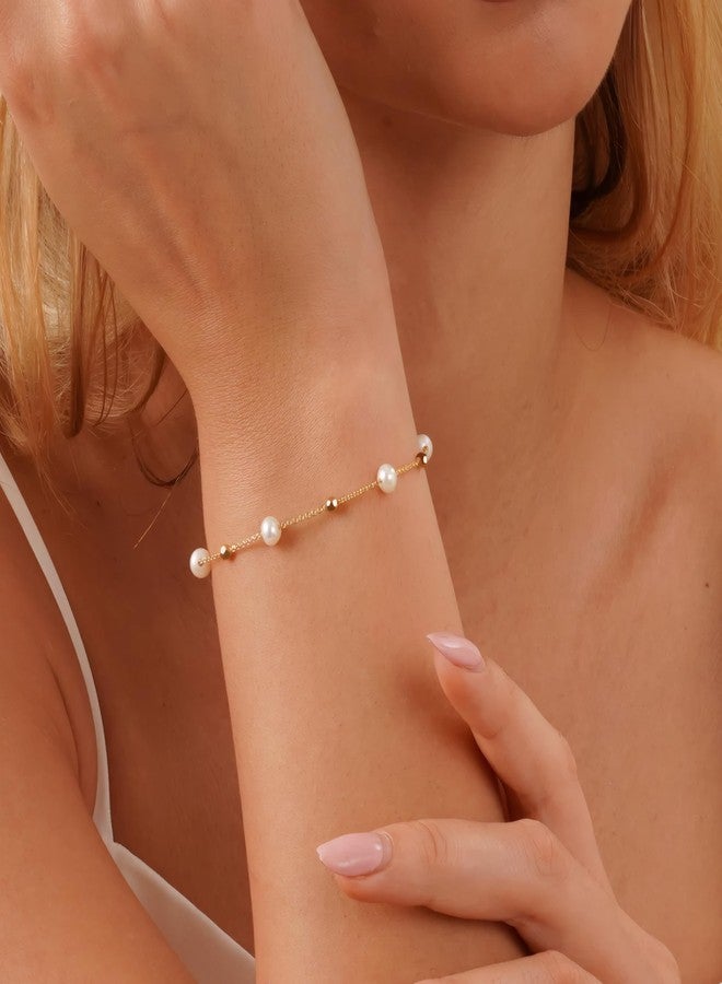 HENGSHENG Pearls Bracelets for Women 18K Gold Plated Freshwater AAAA Pearls Dainty Chain Link Bracelets - Single Golden Beads - Image 5