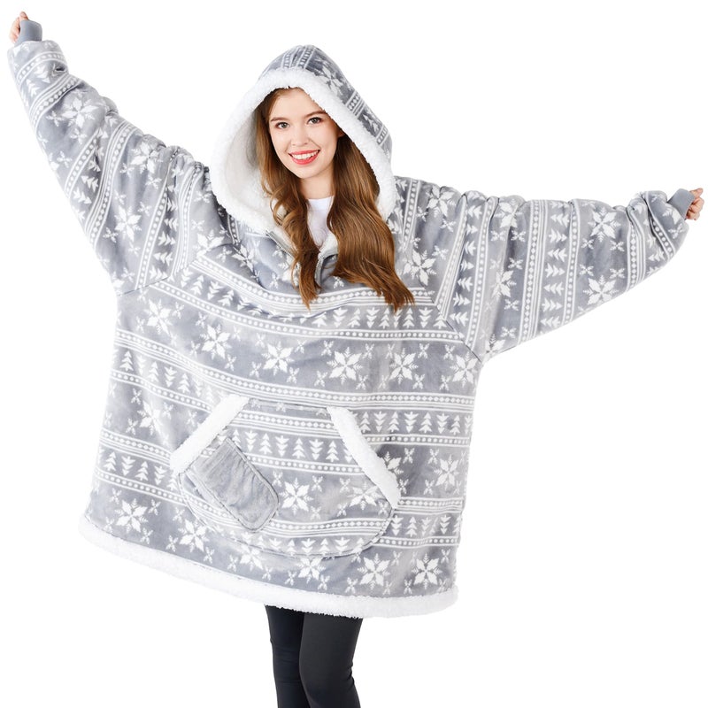 Giggling Getup Wearable Blanket Hoodie for Adults Gifts for Teen Girls Sister Women Sherpa Fleece Printed Hooded Blanket Sweatshirt Warm Cozy with Pocket Sleeves Grey Snowflake