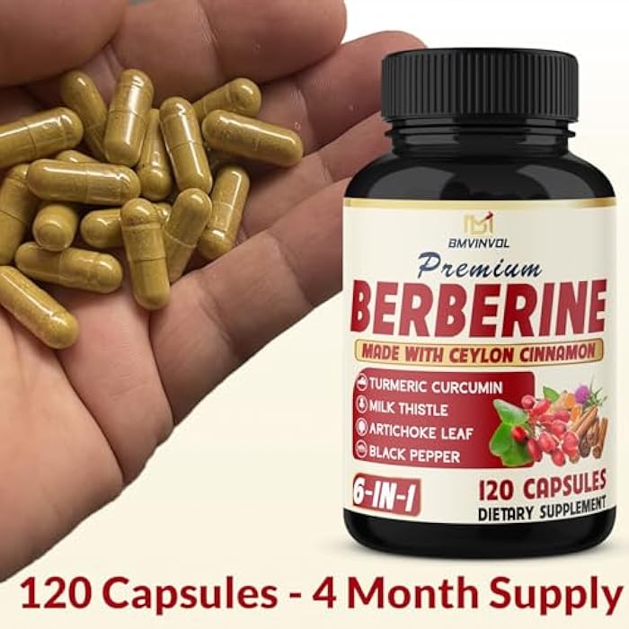 BMVINVOL 6in1 Berberine Supplement with Ceylon Cinnamon, Tumeric Root, Milk Thistle, Artichoke, Black Pepper -120 Capsules for 4 Month Supply - Image 2