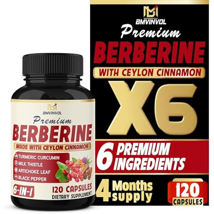 BMVINVOL 6in1 Berberine Supplement with Ceylon Cinnamon, Tumeric Root, Milk Thistle, Artichoke, Black Pepper -120 Capsules for 4 Month Supply - Image 1