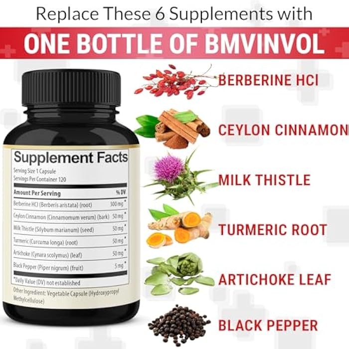 BMVINVOL 6in1 Berberine Supplement with Ceylon Cinnamon, Tumeric Root, Milk Thistle, Artichoke, Black Pepper -120 Capsules for 4 Month Supply - Image 4