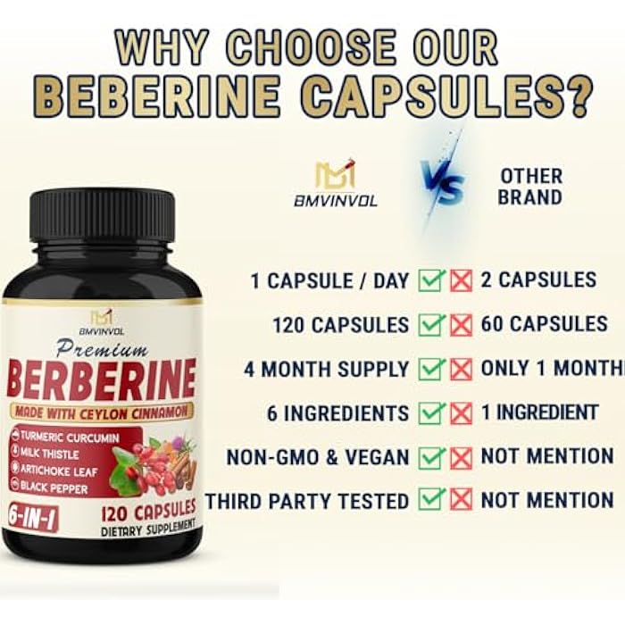 BMVINVOL 6in1 Berberine Supplement with Ceylon Cinnamon, Tumeric Root, Milk Thistle, Artichoke, Black Pepper -120 Capsules for 4 Month Supply - Image 3