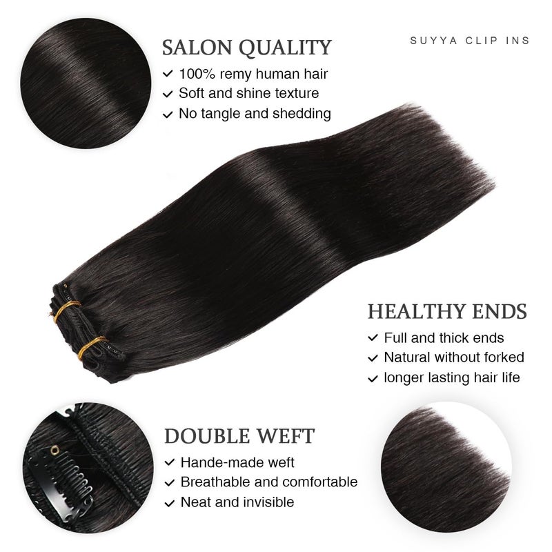 SUYYA 16 Inch 120g 7pcs Clip in Hair Extensions, Straight Double Weft Natural Black (16 inches #1B Off Black) - Image 3