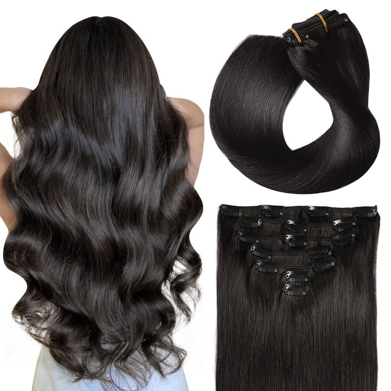 SUYYA 16 Inch 120g 7pcs Clip in Hair Extensions, Straight Double Weft Natural Black (16 inches #1B Off Black) - Image 1