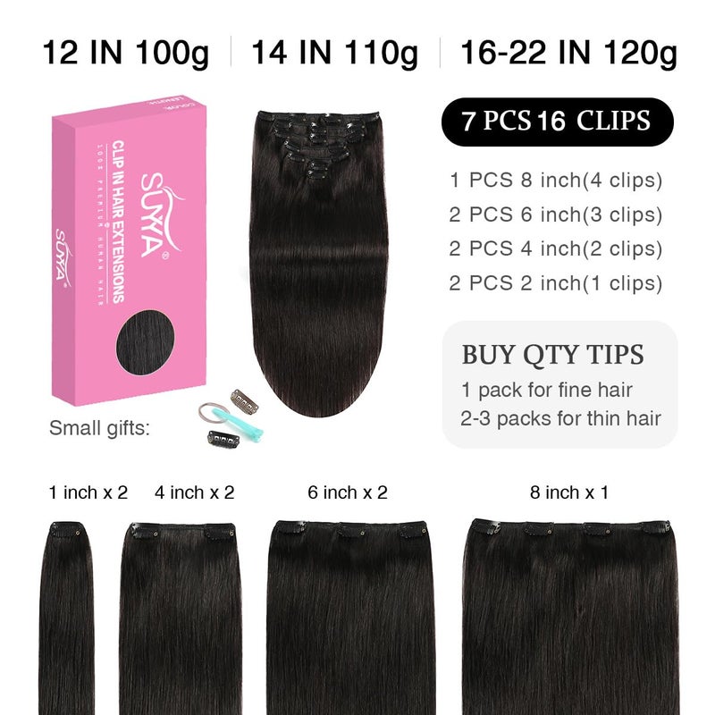 SUYYA 16 Inch 120g 7pcs Clip in Hair Extensions, Straight Double Weft Natural Black (16 inches #1B Off Black) - Image 2