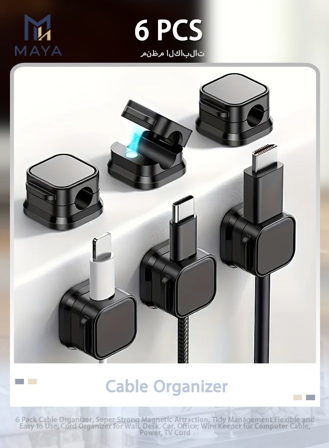 Maya 6 Pack Cable Organizer, Super Strong Magnetic Attraction, Tidy Management Flexible and Easy to Use, Cord Organizer for Wall, Desk, Car, Office; Wire Keeper for Computer Cable, Power, TV Cord