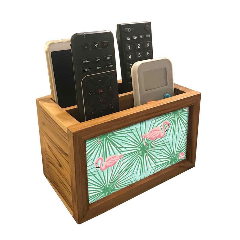 Nutcase Designer Teak Wood TV Remote Stand For Home Remote Holders Organizer Caddy for TV/AC Remotes Control -Multipurpose Desk Organiser-6�x4�x4� - Flamingoes Leaves - Image 1
