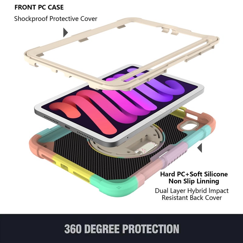 erorex For Ipad Mini 6 / Mini 2024 Pc Hybrid Silicone Tablet Case With Holder & Hand Strap & Shoulder Strap(Colorful Rose Gold) - Image 3
