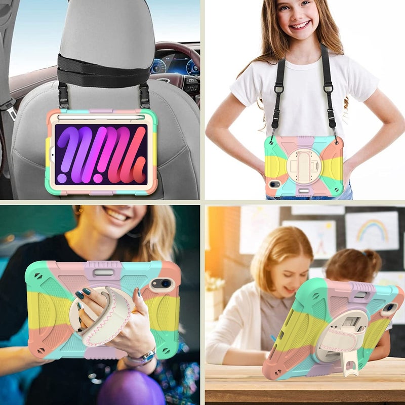 erorex For Ipad Mini 6 / Mini 2024 Pc Hybrid Silicone Tablet Case With Holder & Hand Strap & Shoulder Strap(Colorful Rose Gold) - Image 5