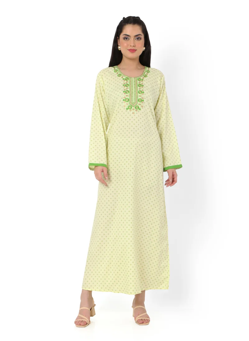 HANA & SARA FLORAL FRONT NECK EMBROIDERED WITH PRINTED GREEN COLOUR ARABIC KAFTAN JALABIYA DRESS