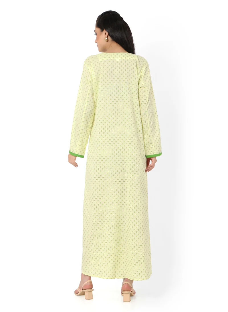 HANA & SARA FLORAL FRONT NECK EMBROIDERED WITH PRINTED GREEN COLOUR ARABIC KAFTAN JALABIYA DRESS