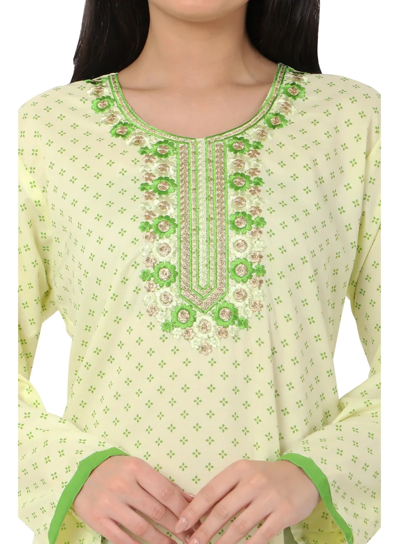 هانا آند سارا FLORAL FRONT NECK EMBROIDERED WITH PRINTED GREEN COLOUR ARABIC KAFTAN JALABIYA DRESS