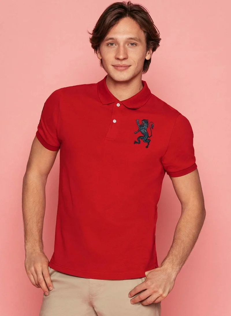Men’s Slim Fit 3D Lion Embroidery Lycra Pique Polo
