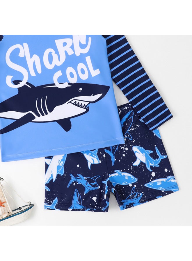 Loquat Children's Swimsuit Boys' Long-sleeved Swimsuit 2024 Striped Shark Print Boys' Swimsuit-Color:Blue- - Image 4