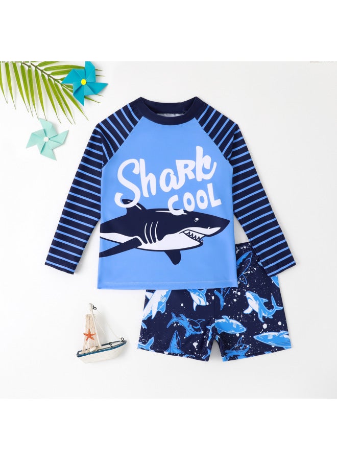 Loquat Children's Swimsuit Boys' Long-sleeved Swimsuit 2024 Striped Shark Print Boys' Swimsuit-Color:Blue- - Image 1