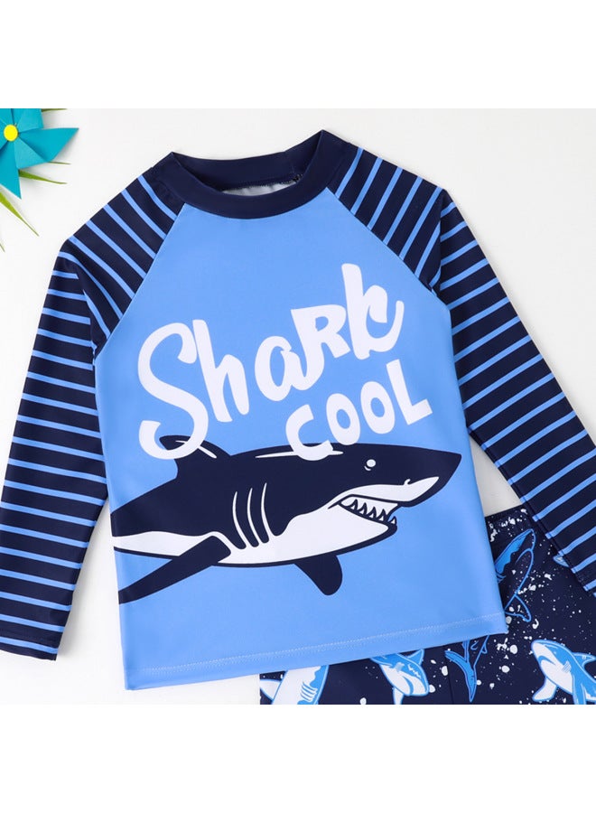 Loquat Children's Swimsuit Boys' Long-sleeved Swimsuit 2024 Striped Shark Print Boys' Swimsuit-Color:Blue- - Image 3