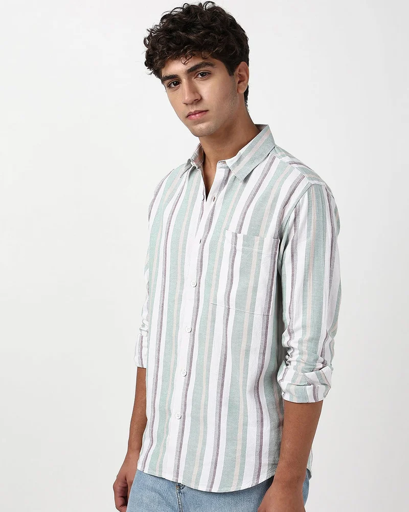 bewakoof Men's White & Green Striped Shirt