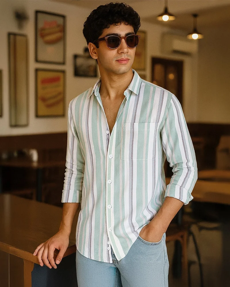 bewakoof Men's White & Green Striped Shirt